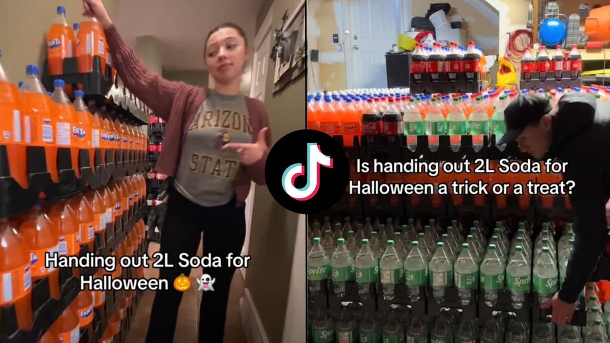 Woman standing around pallets of soda bottles with halloween text on-screen