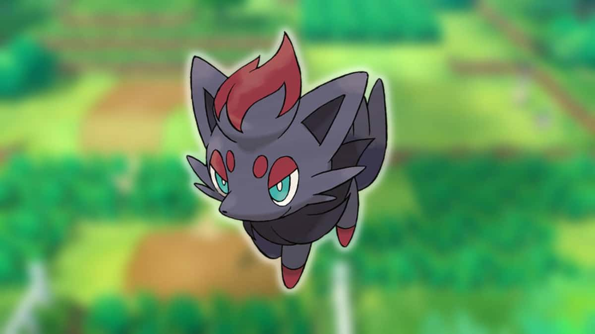 The Pokemon Zorua appears against a blurred screenshot of Pokemon Lets Go Pikachu