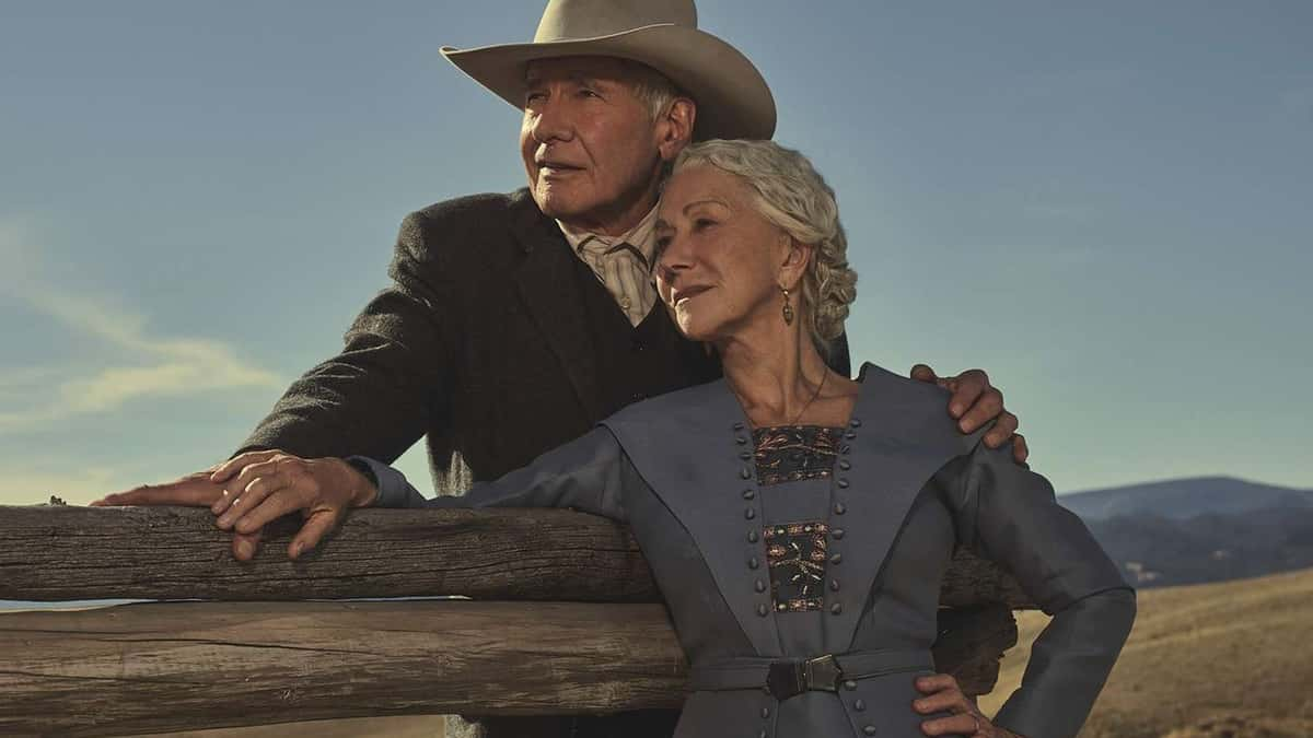 Harrison Ford and Helen Mirren look off into the distance in 1923.