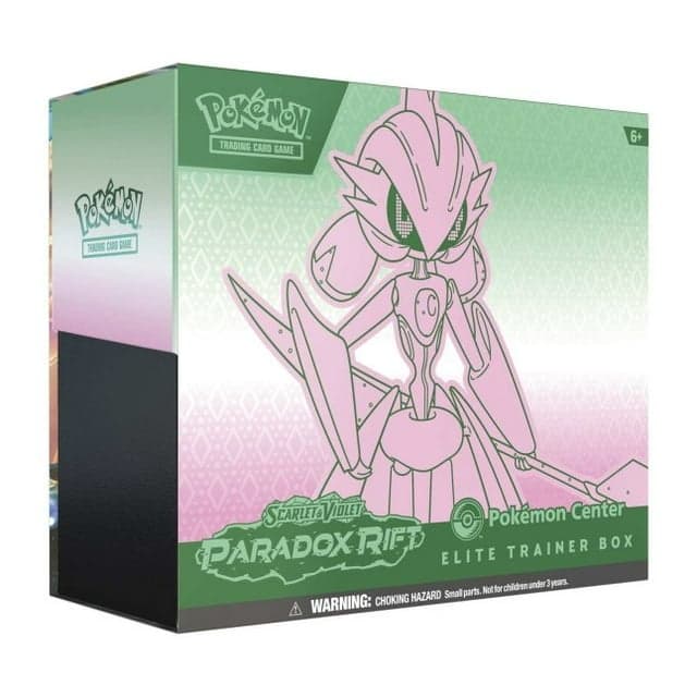 An Elite trainer (ETB) box swith an Iron Valiant EX design