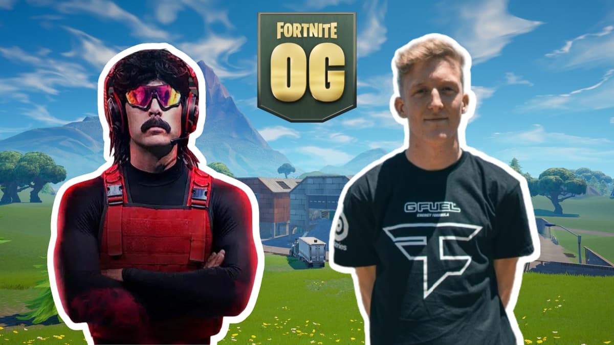 Dr Disrespect and Tfue in front of Fortnite OG island