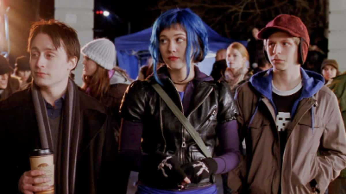 Michael Cera as Scott Pilgrim, Mary Elizabeth Winstead as Ramona Flowers, and Kieran Culkin as Wallace Wells in Scott Pilgrim vs. the World