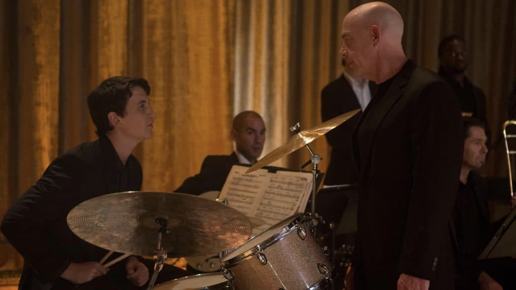 Miles Teller as Andrew Neiman and J.K. Simmons as Terence Fletcher in Whiplash