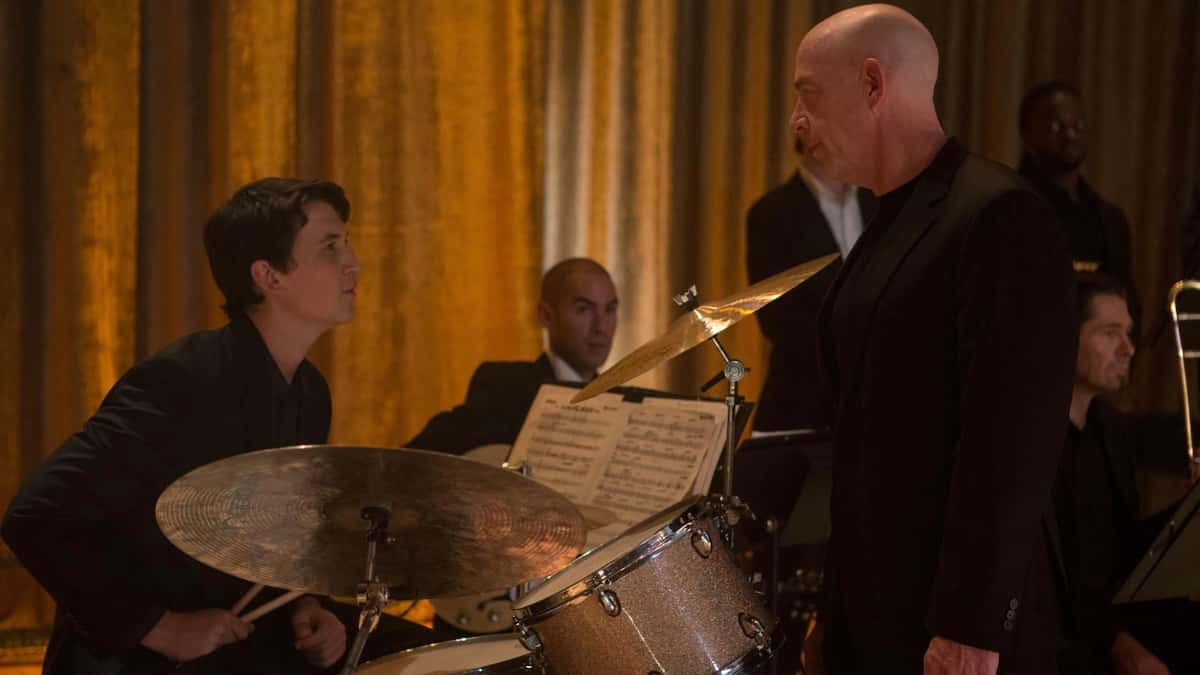 Miles Teller as Andrew Neiman and J.K. Simmons as Terence Fletcher in Whiplash