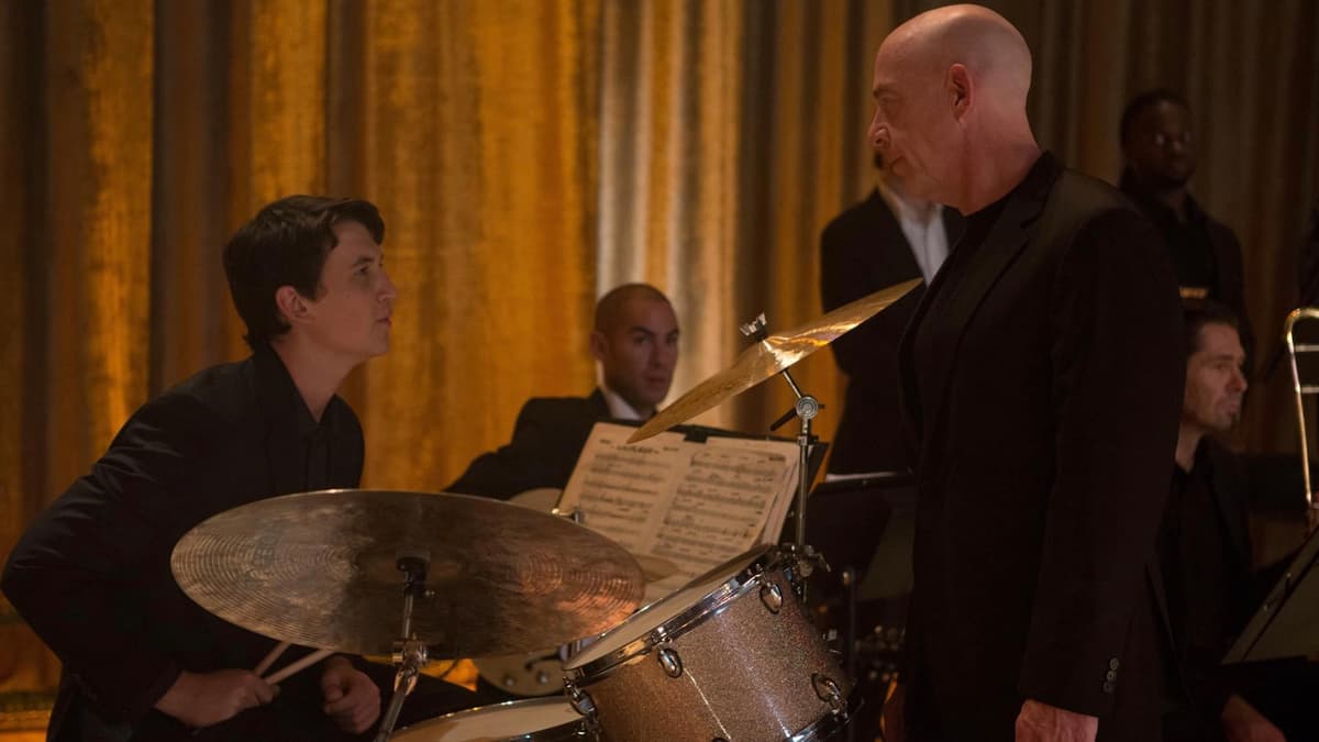 Miles Teller as Andrew Neiman and J.K. Simmons as Terence Fletcher in Whiplash