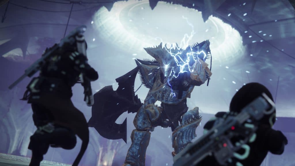 Image of Two guardians taking on the final boss of The Light Blade Nightfall in Destiny 2.