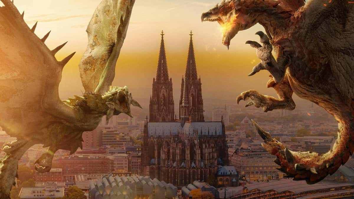 Rathalos and Rathian above a city