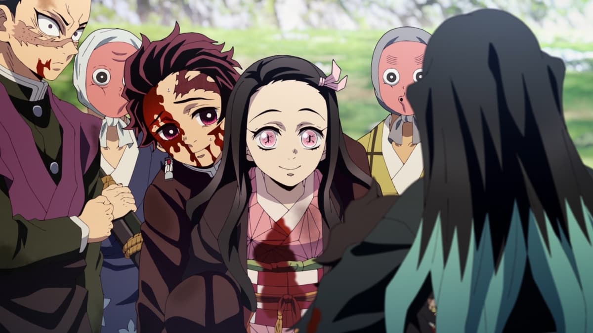 Tanjiro, Nezuko, Genya, and Muichiro in Demon Slayer