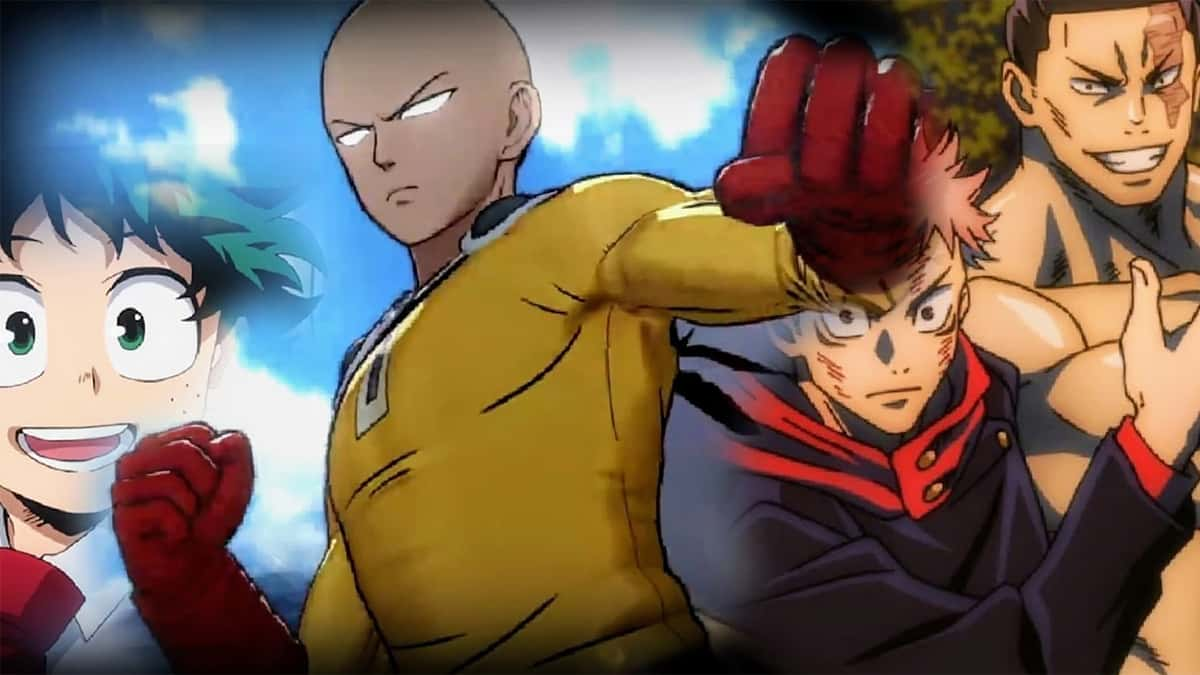 One Punch man, with characters from Attack on Titan and My Hero Academia around him