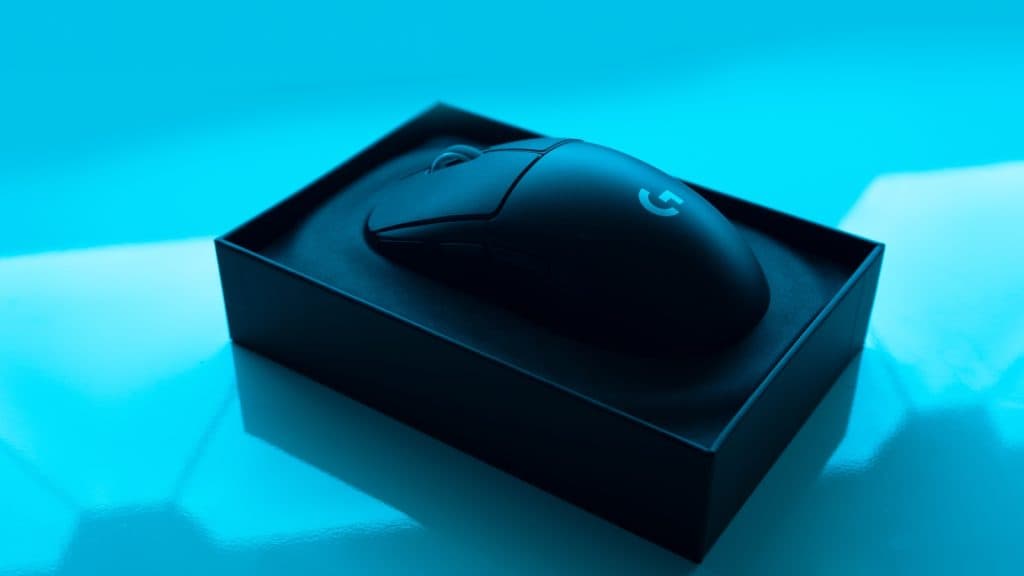 Logitech G Pro X Superlight 2 in black on a blue background