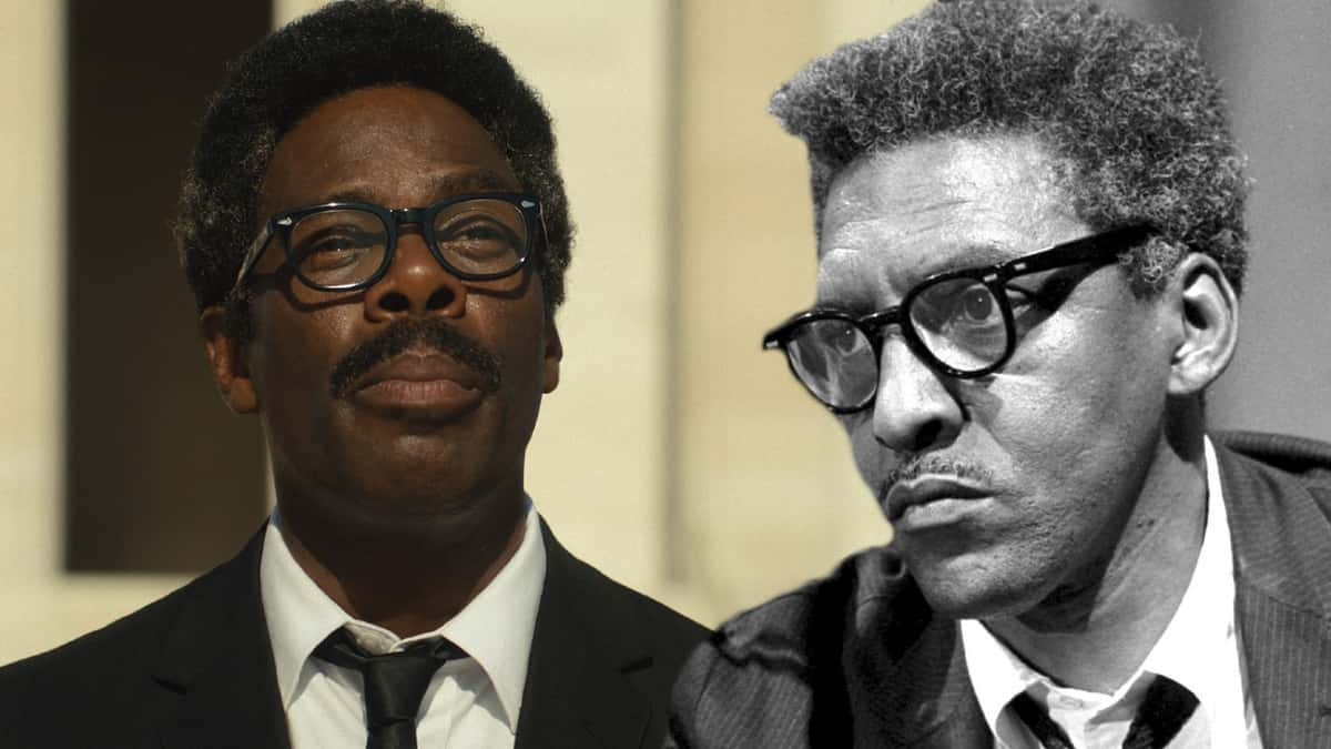 Still from Netflix Rustin movie and portrait of Bayard Rustin