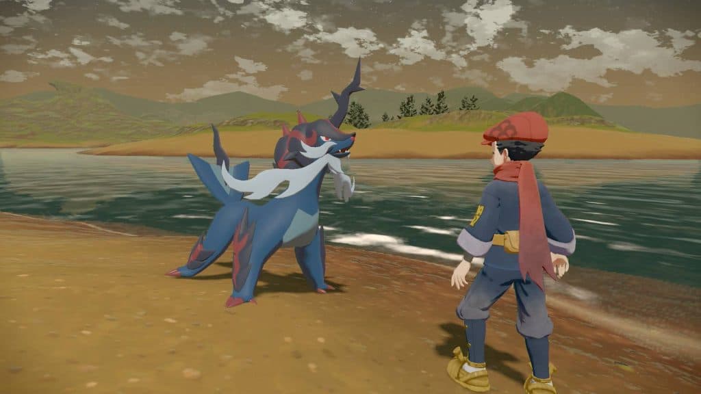 Hisuian Samurott appears on a beach in Pokemon Legends: Arceus