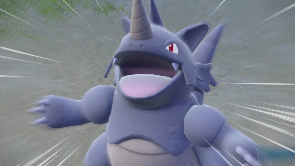 The Pokemon Rhydon roars as it enters battle