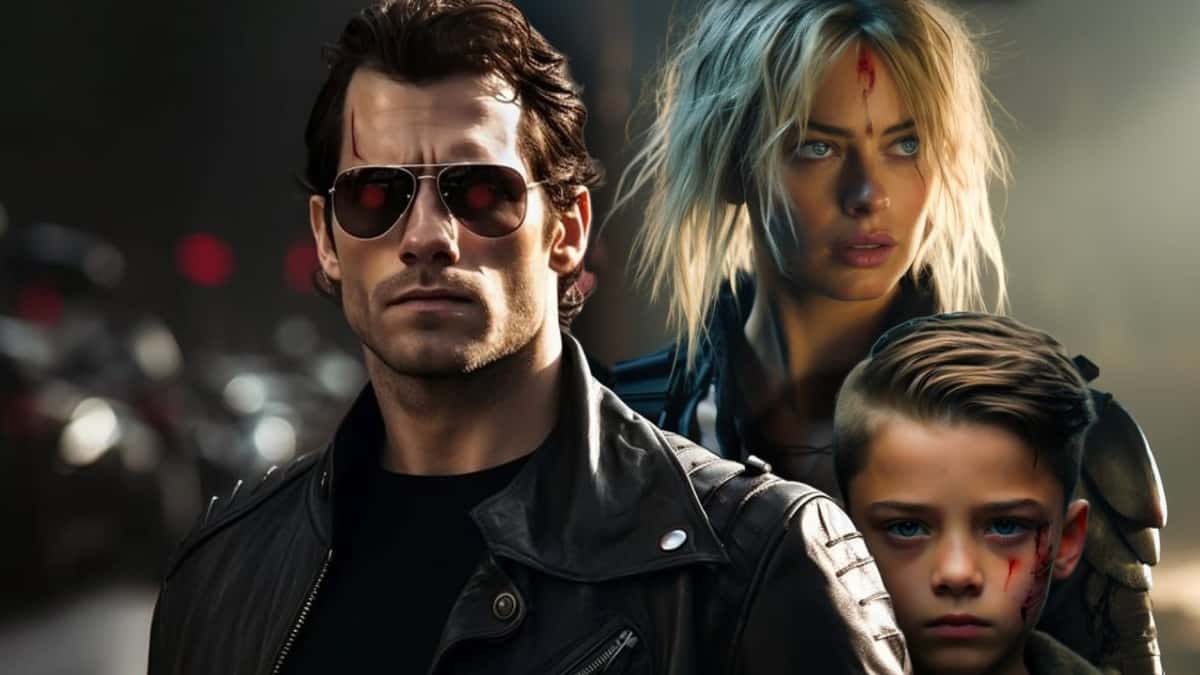 AI versions of Henry Cavill and Margot Robbie on fake posters for a Terminator remake