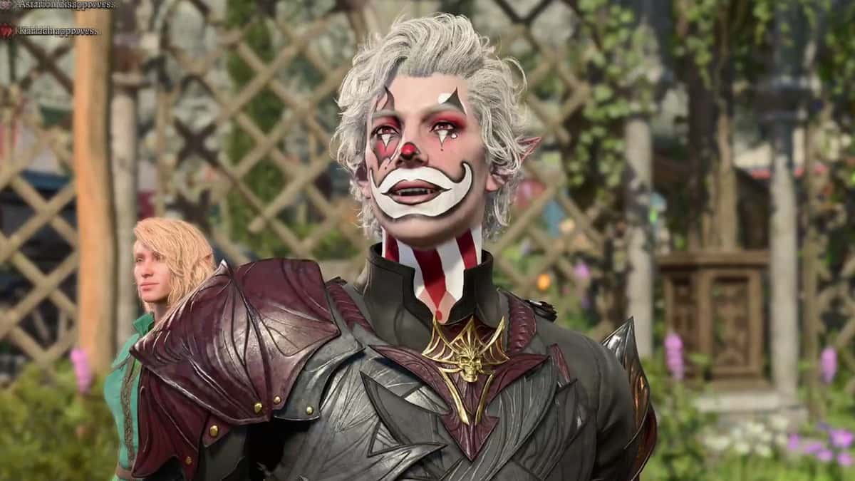 Astarion wearing clown makeup in Baldur's Gate 3