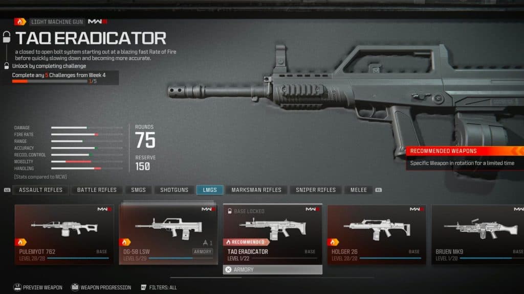 TAQ Eradicator LMG in Modern Warfare 3 loadout screen