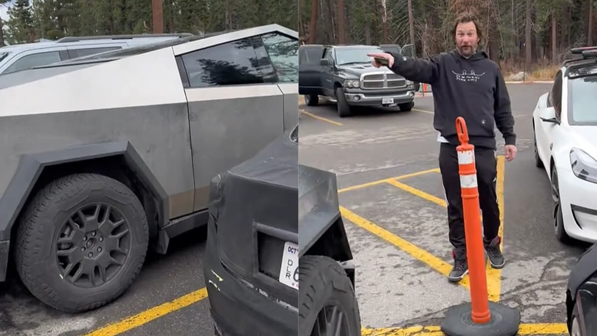 man drawing phallic shape in cybertruck