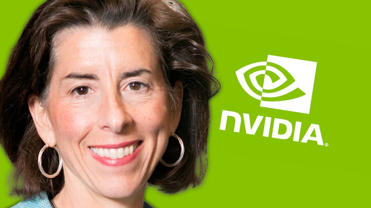 US Commerce Secretary Raimondo in front of nvidia logo