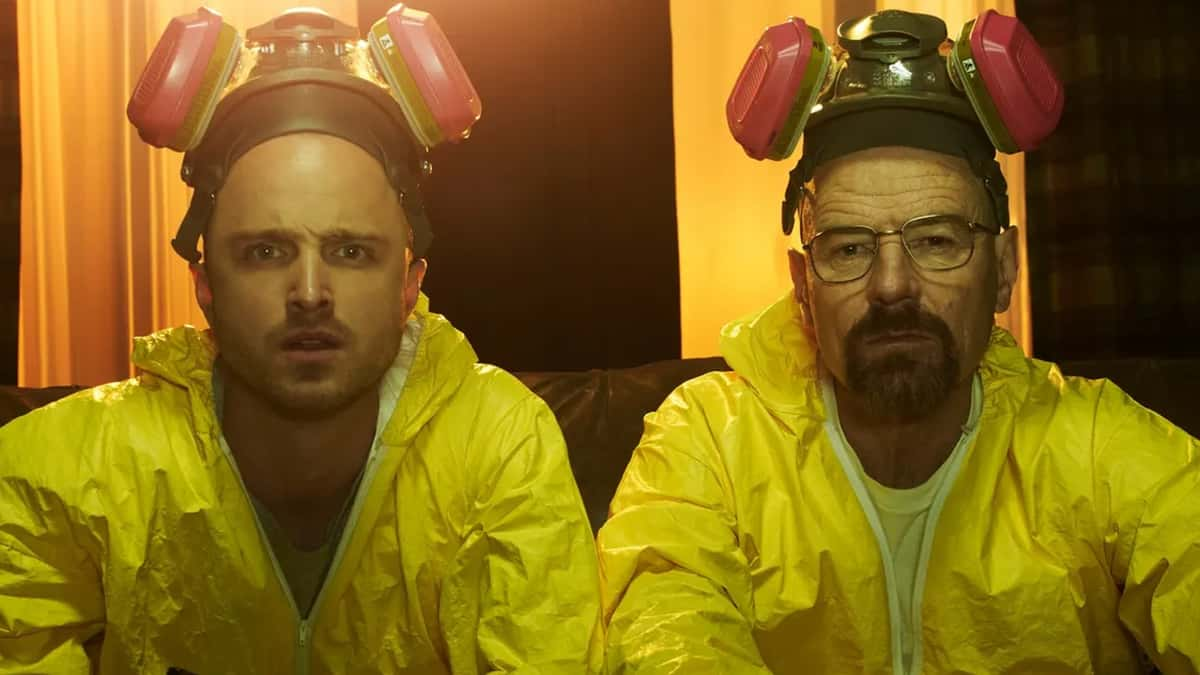 The Breaking Bad duo in their cooking gear.