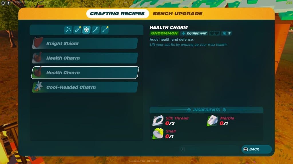 Screen showing how to craft a health charm in Lego Fortnite