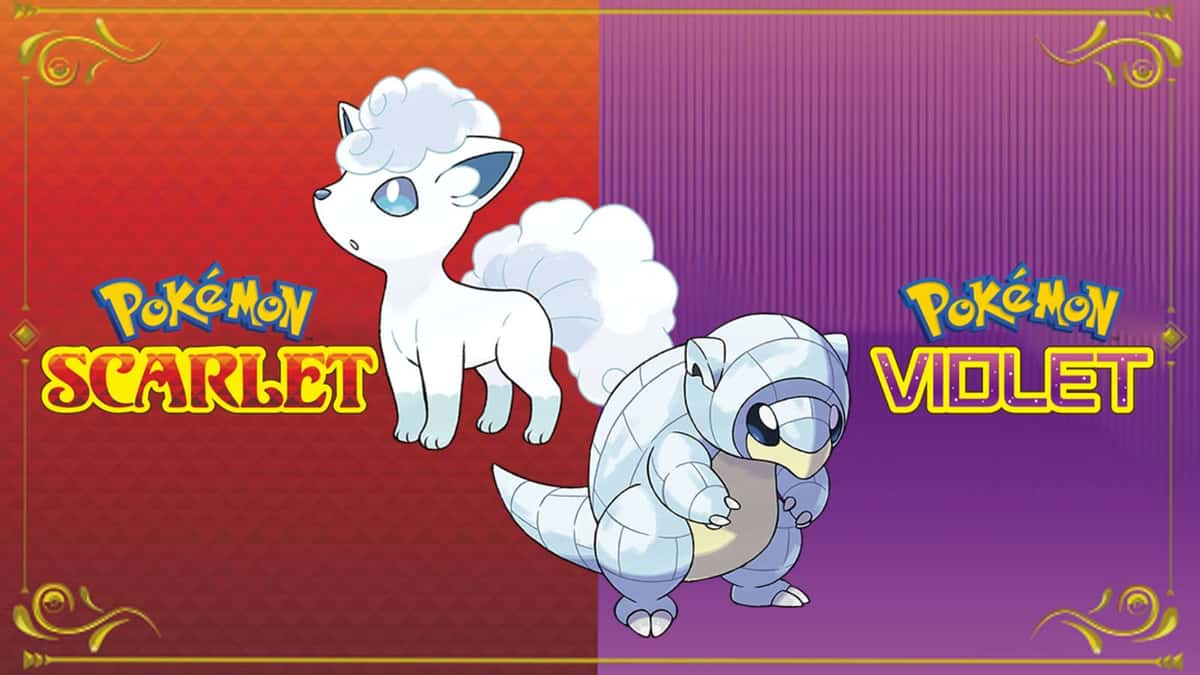 The Pokemon Alolan Sandshrew and Alolan Vulpix appear against a background featuring the Pokemon Scarlet & Violet logos