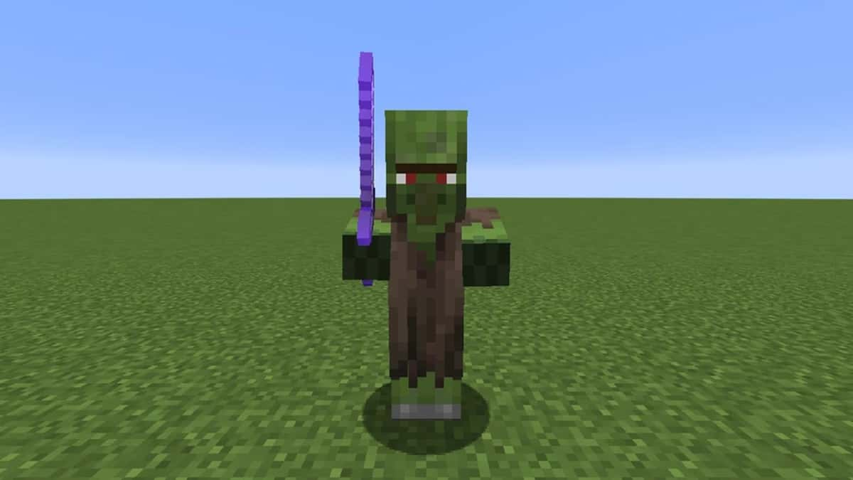 An image of a zombie villager holding a sword in Minecraft.