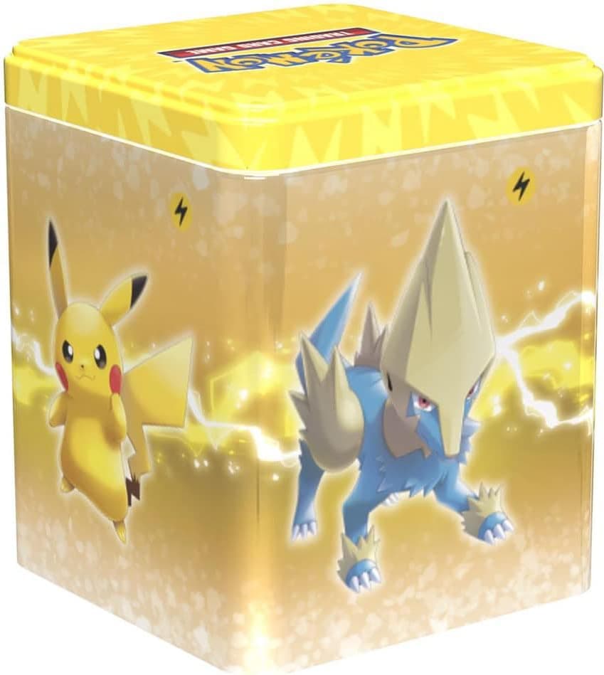 Stacking Pokemon TCG tin showing Manectric & Pikachu