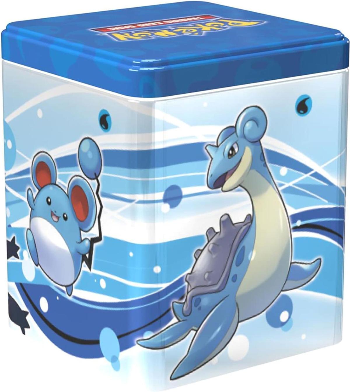 Stacking Pokemon TCG tin showing Lapras & Marill