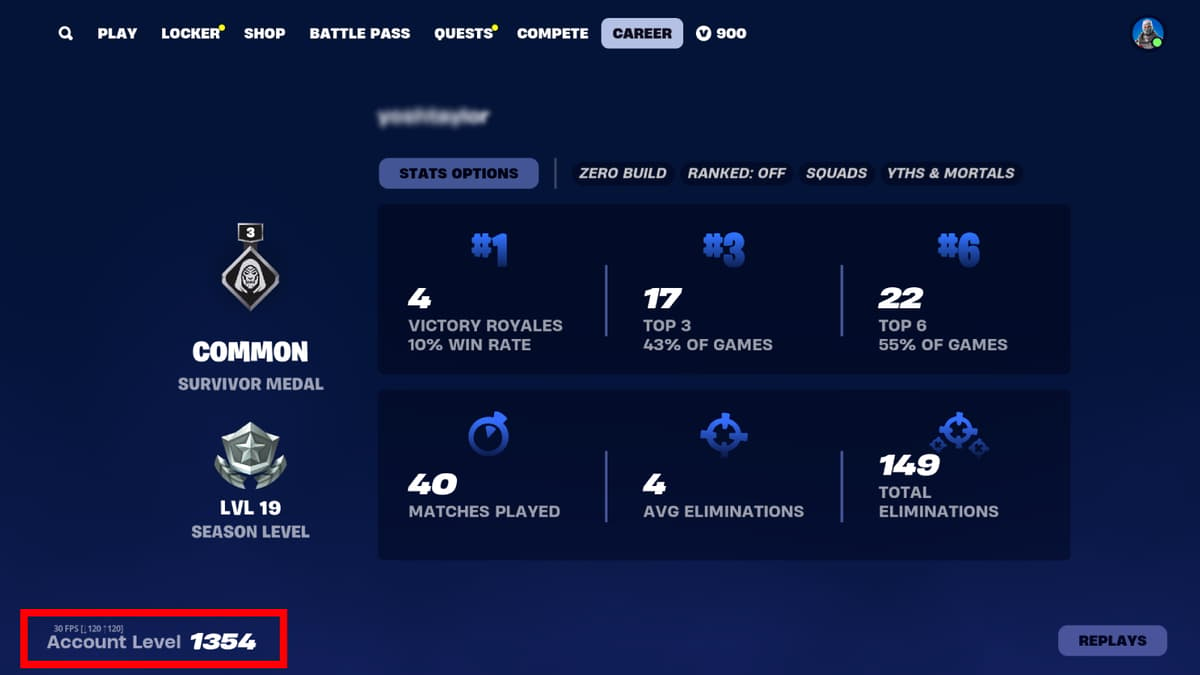 Fortnite Account Level stat is viewable in the Career tab section of the in-game menu.