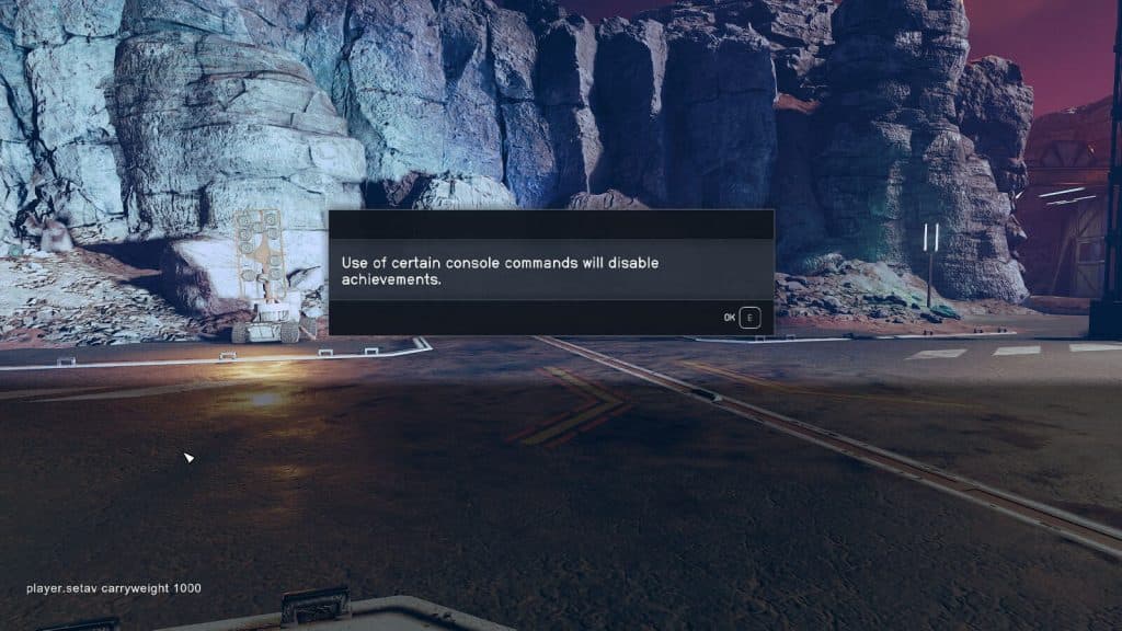 An image of the carryweight console command being activated in Starfield.