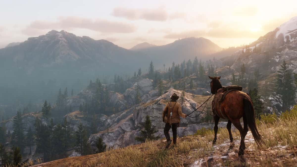 An image from Red Dead Redemption 2 of Arthur Morgan and a horse.