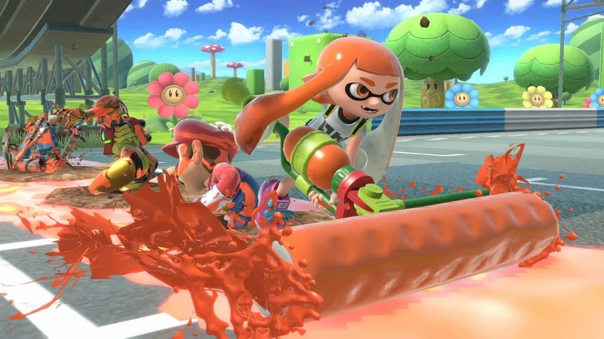 Inkling burying enemies with Splat Roller in Super Smash Bros Ultimate