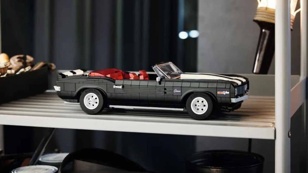 The LEGO-reimagined Chevrolet Camaro Z28 on display.