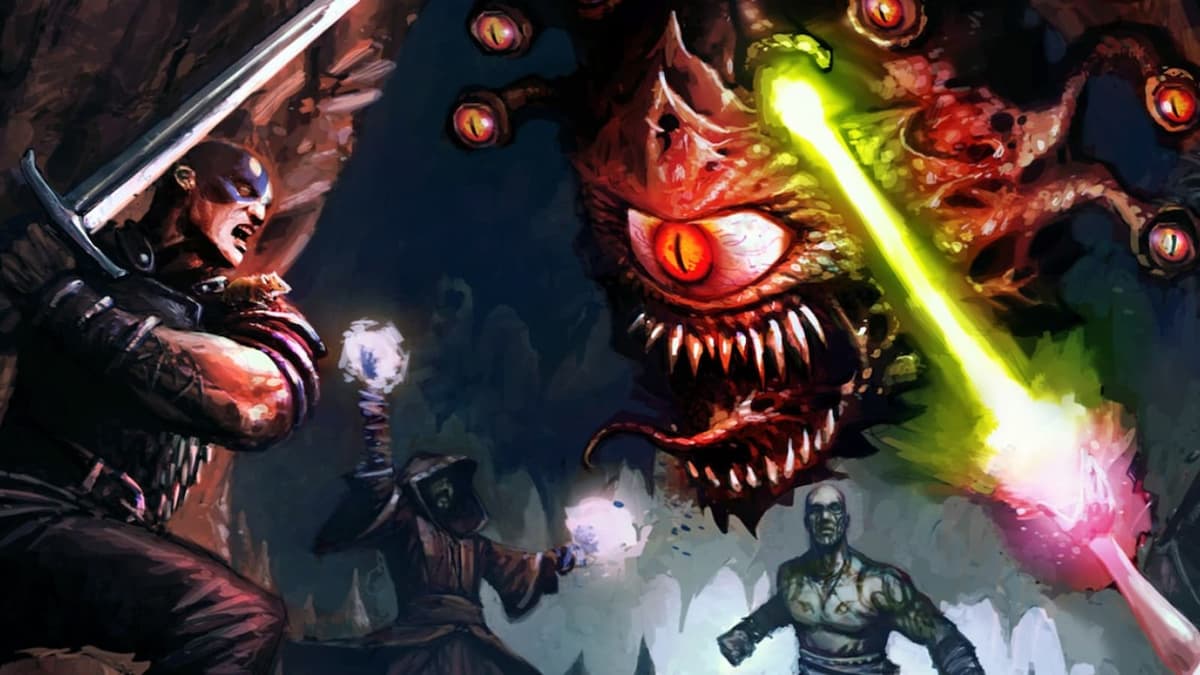 Minsc fighting a Beholder in Baldur's Gate 2 artwork