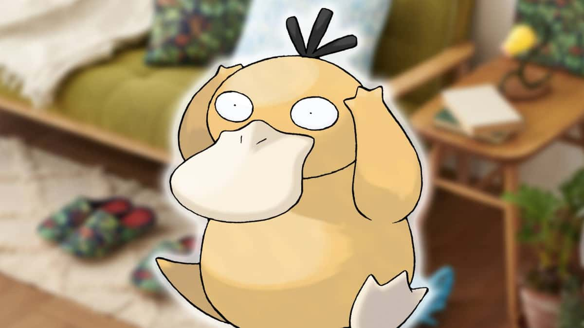 The foreground shows an image of Psyduck holding it's head, while the background displays a bluured image of Pokemon Concierge merchandise