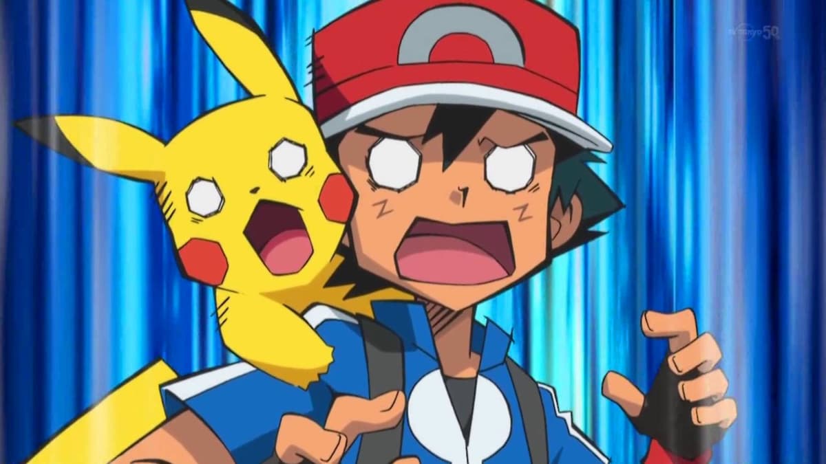 Ash Ketchum and Pikachu looking shocked.