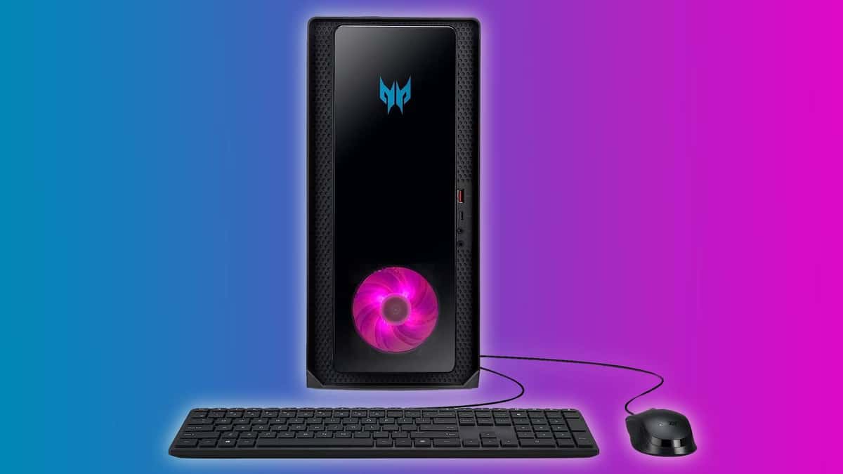 Image of the Acer Predator gaming PC, with a pink and blue background.