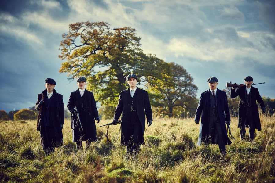 Joe Cole (John Shelby), Harry Kirton (Finn Shelby), Cillian Murphy (Tommy Shelby), Finn Cole (Michael Gray) and Paul Anderson (Arthur Shelby) in Peaky Blinders, Season 3 Episode 4.