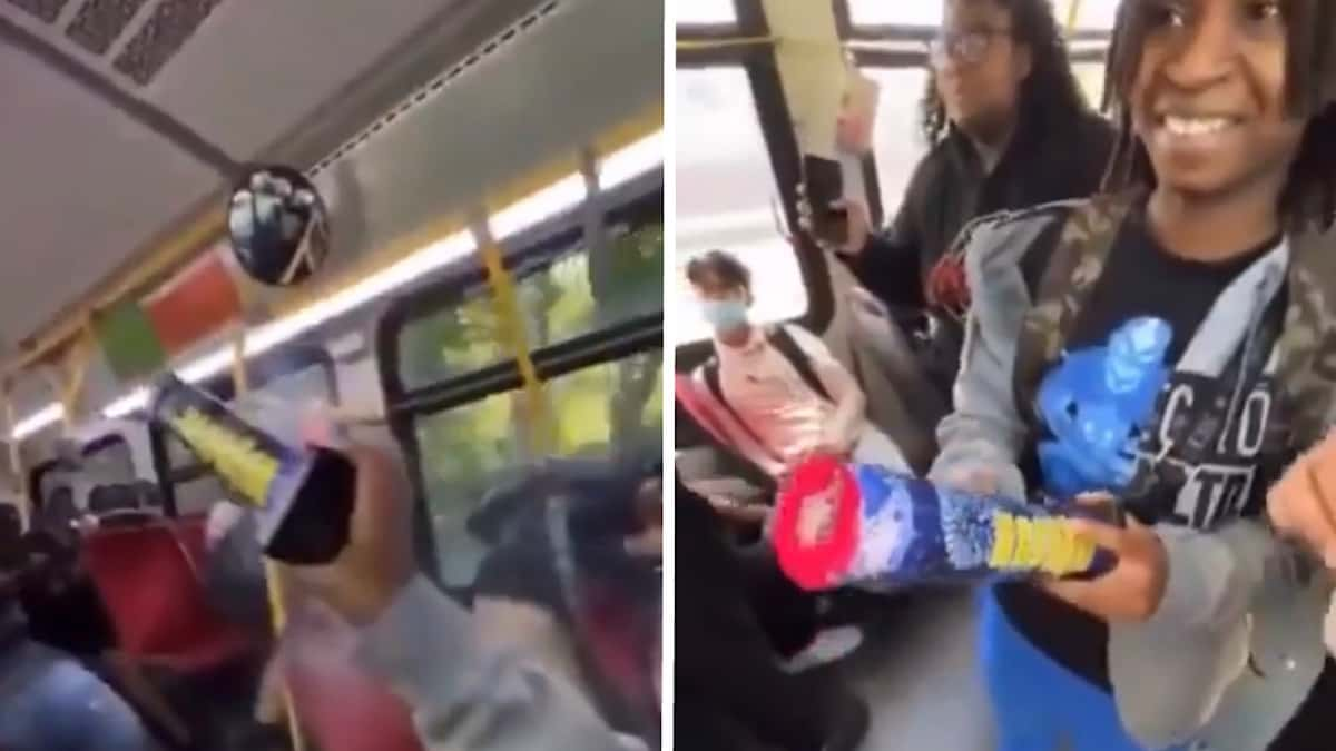 girl sets off firework on bus