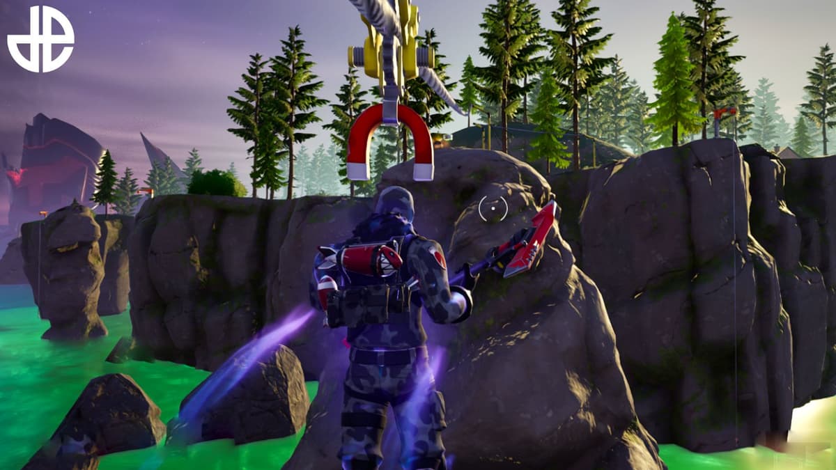 A Fortnite player using a Zipline during a match.