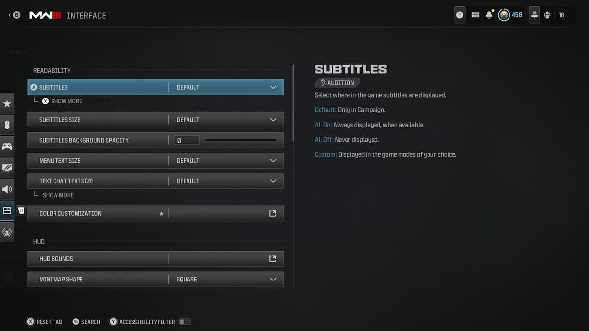 Warzone interface settings for consoles.