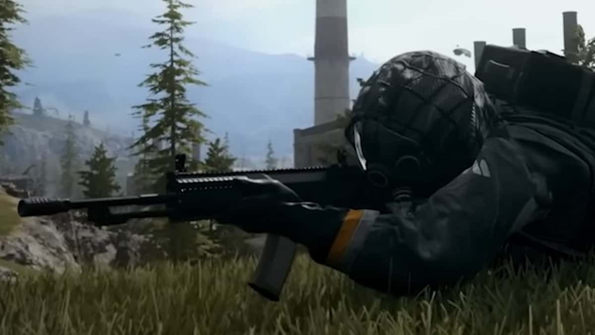 Screenshot of Warzone player using SVA 545 assault rifle while prone.