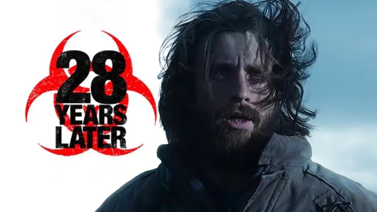 The logo for 28 Years Later and Aaron Taylor-Johnson in the new movie