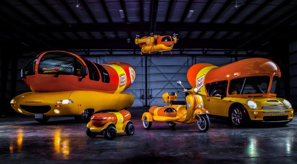 A fleet of Oscar Mayer Wienermobiles