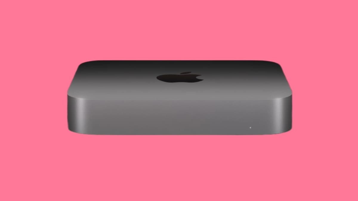 M1 Mac Mini on a pink background