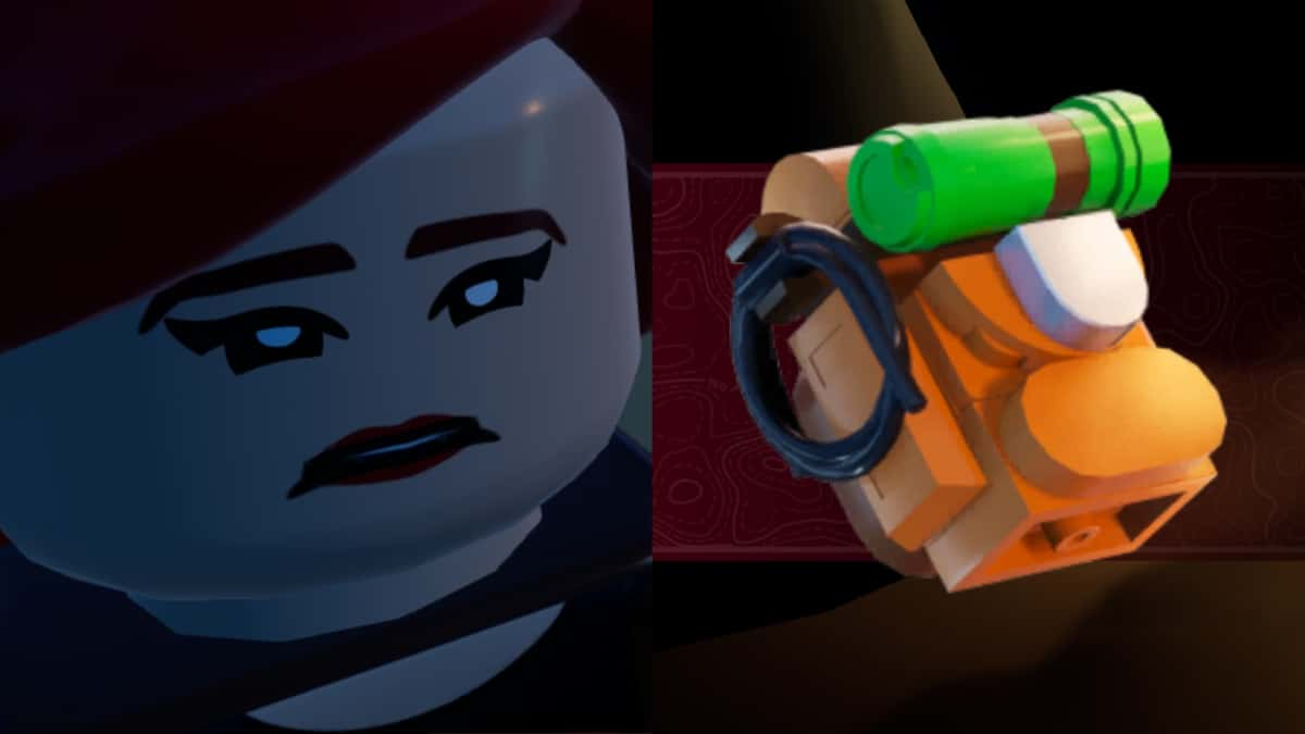 A screenshot featuring a LEGO Fortnite character which just respawned and a backpack next to it.