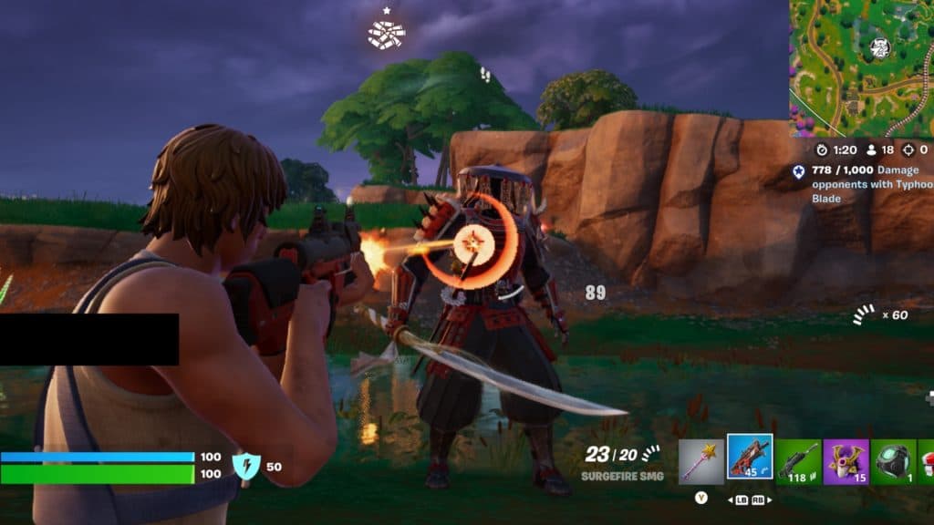 A screenshot featuring the roaming Shogun X boss in Fortnite.