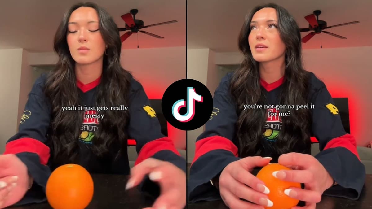 TikToker holding orange in black and red shirt next to TikTok logo