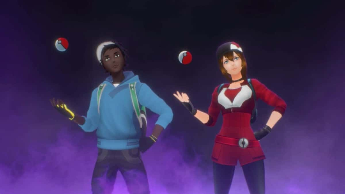 Key art for the Pokemon Go Taken Treasures event shows two Pokemon Go trainers tossing a Poke Ball menacingly