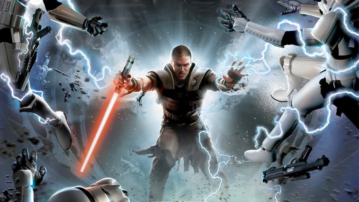 star wars force unleashed key art of main character shooting lighting at storm troopers while holding a red lightsaber